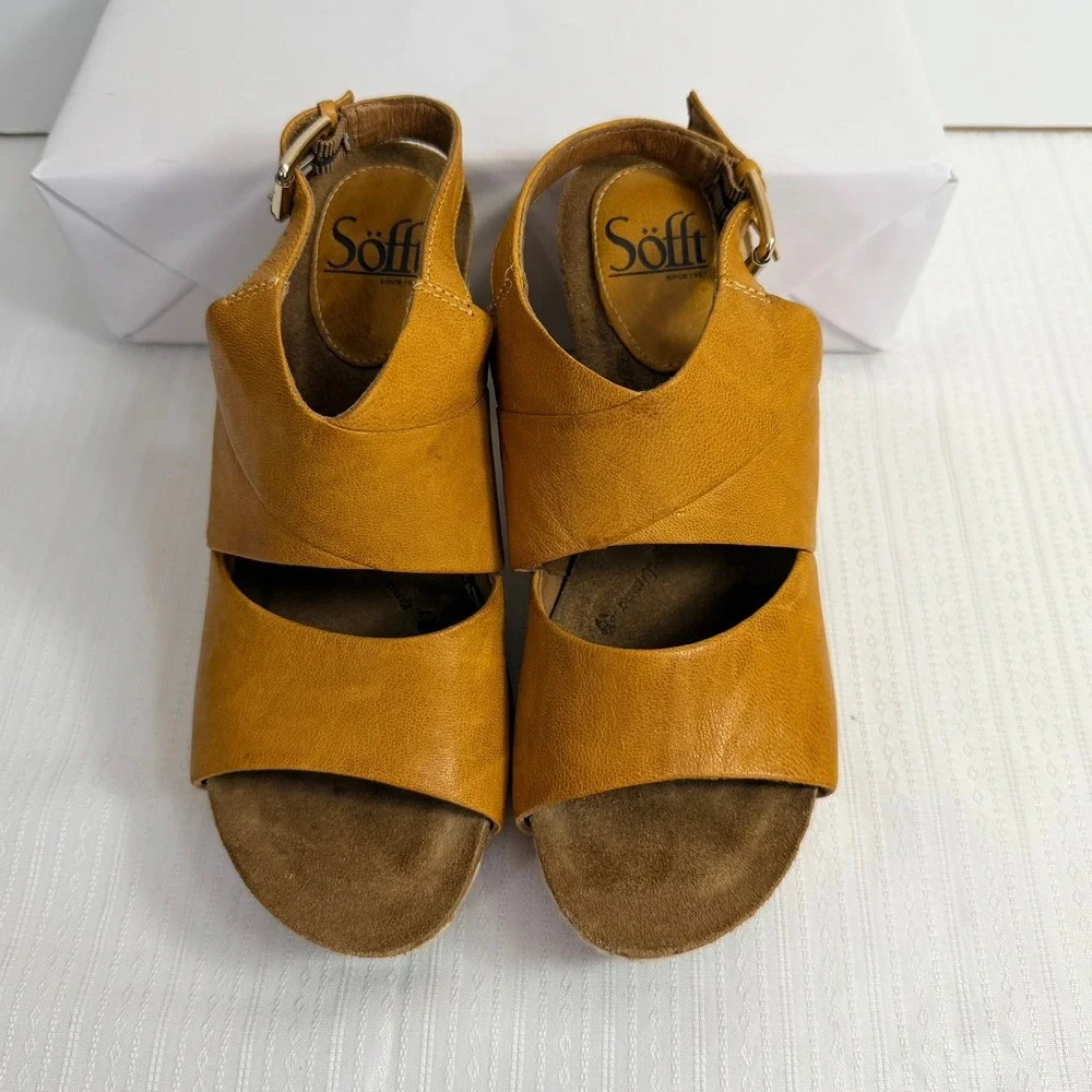 Sofft Womens Corrina Mustard Leather Embroidered Cork Wedge Sandals 7 Boho Artsy